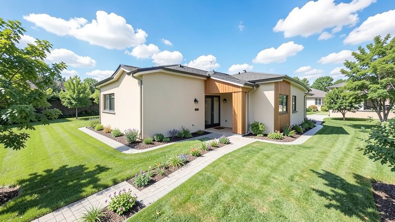 A modern home exterior with a clean, geometric design, set in a sunny suburban landscape with a clear blue sky and soft clouds.