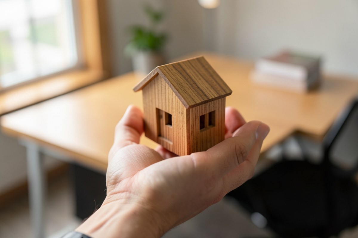 A close-up of a hand holding a small wooden house model, with a softly blurred background of an office and a window with light.