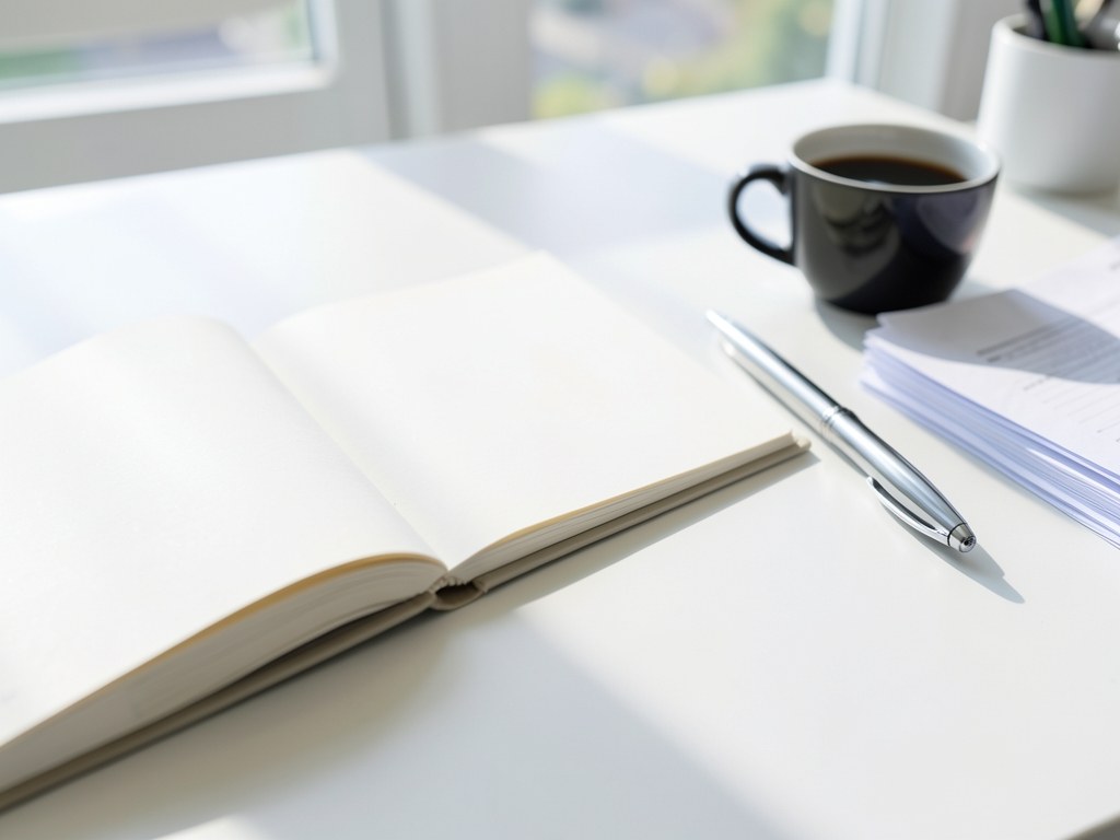 An open book on a clean desk with a pen, beside a stack of documents and a cup of coffee, in bright, organized office setting.