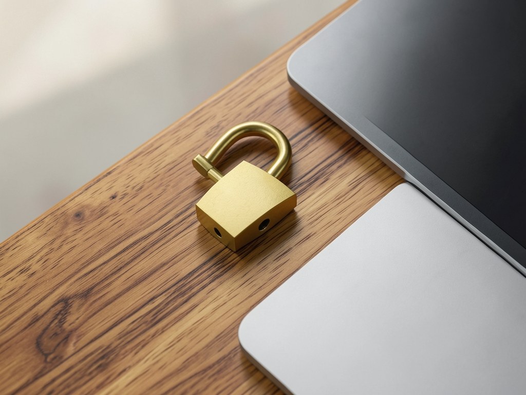 A padlock icon on a table next to a laptop, with soft light and a blurred background.