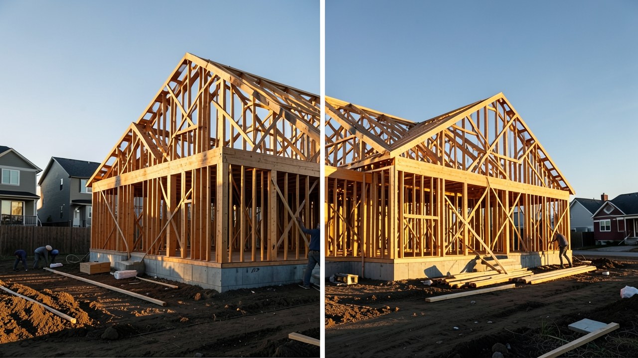 A wide view of a modern house under construction with wooden framing, in a suburban development at golden hour.