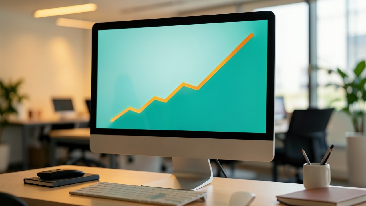 An upward trending line chart displayed on a large screen in a modern office, with a blurred background.