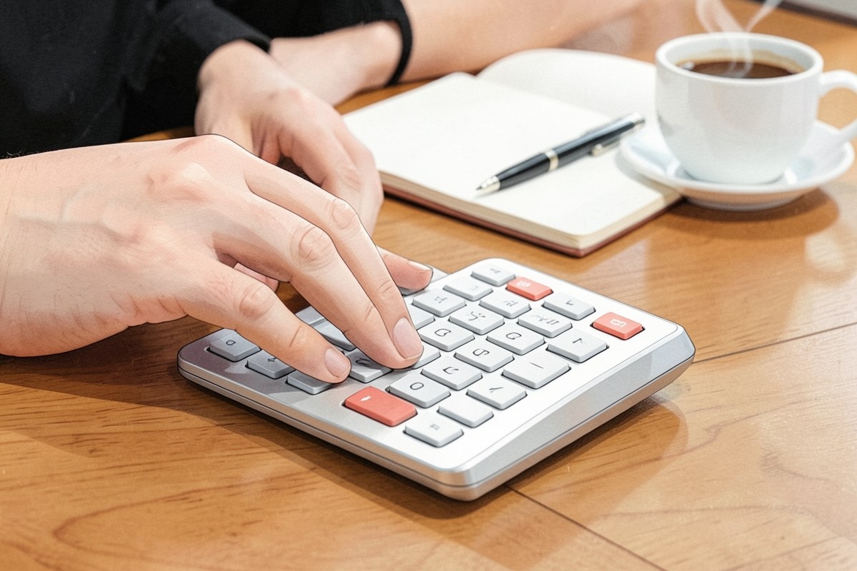 A person's hands using a white calculator on a desk with a notebook, pen, and a coffee cup.