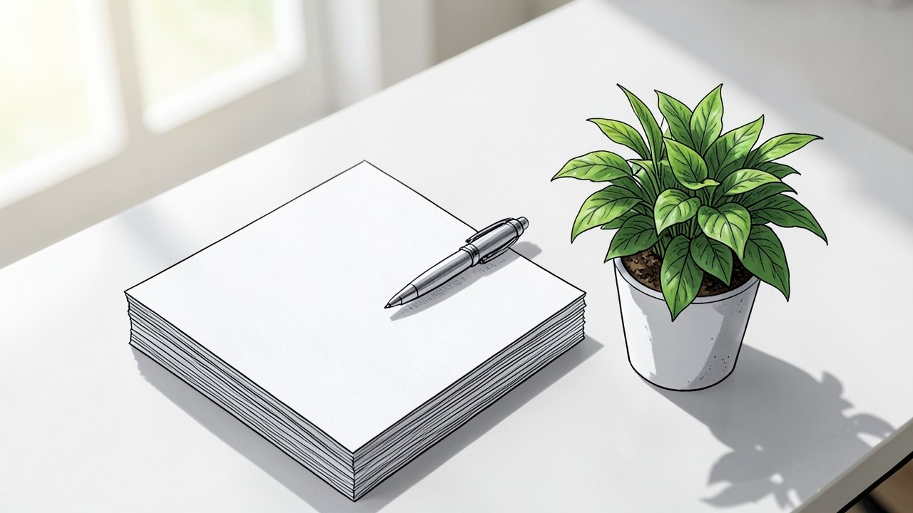 A stack of documents with a pen, and a small green plant, on a clean desk with a window in the background.
