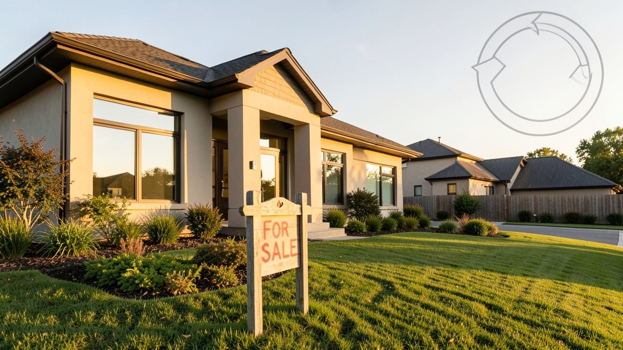 A modern home with a for sale sign, and a graphical overlay of a circular arrow symbolizing refinancing.