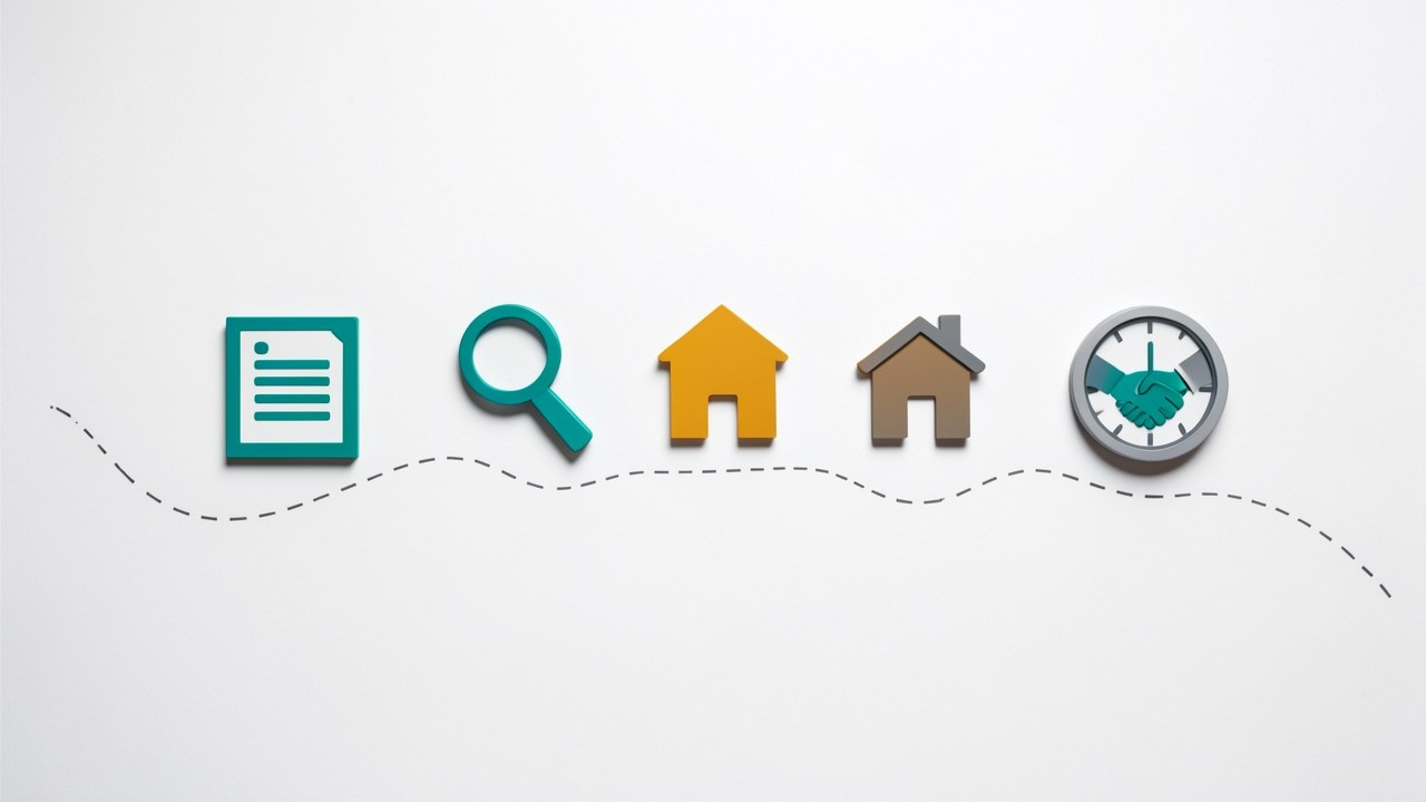 A visual step-by-step timeline with icons on a clean surface, showing a process flow.