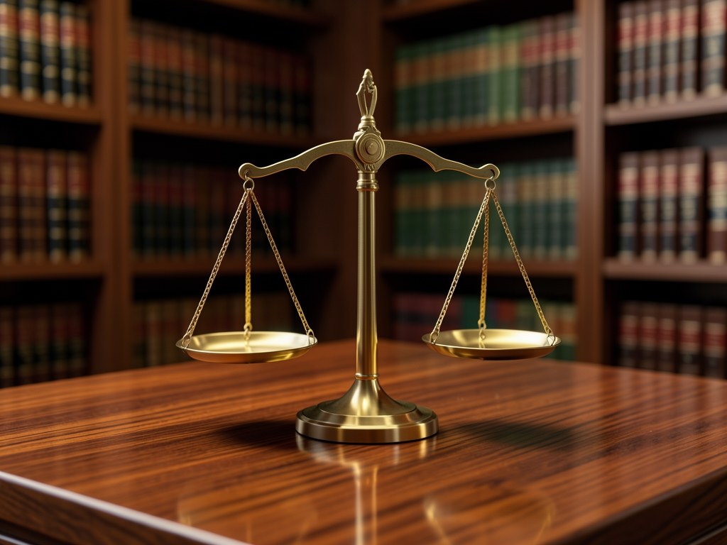 A legal scale on a table with a blurred background of a law library.