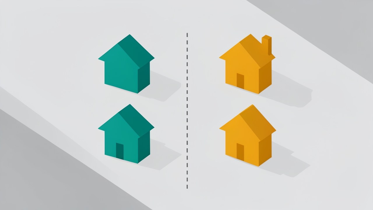 A comparison chart with two columns of houses, one in teal and one in amber, on a light background.