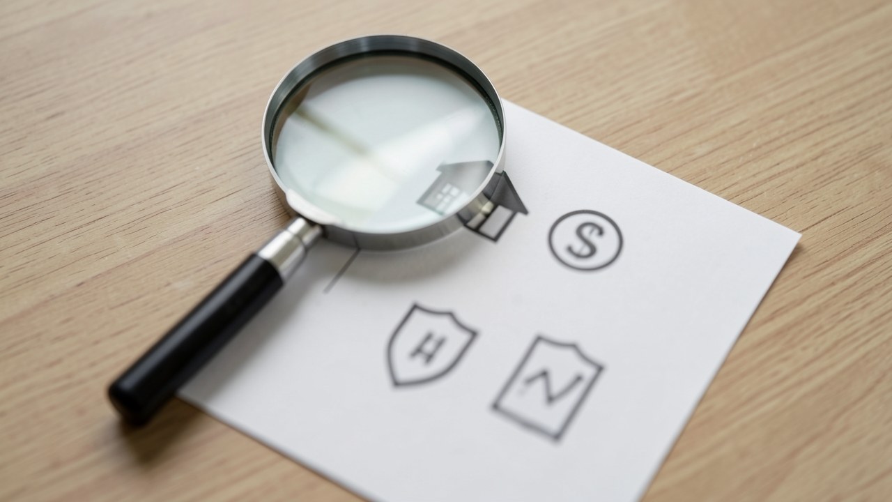 A magnifying glass over a diagram of interconnected factors like a house, a coin, and a chart.