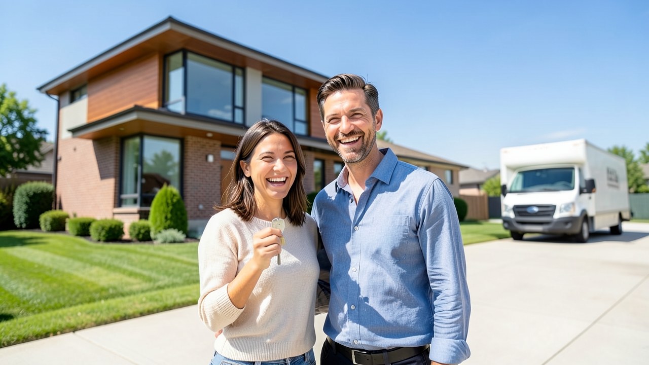 A couple standing in front of a new home, holding a key, with a moving van in the background.