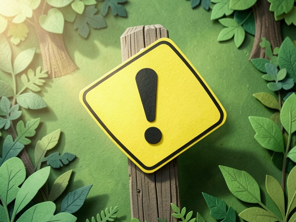 A warning sign with an exclamation mark on a wooden post in a garden.