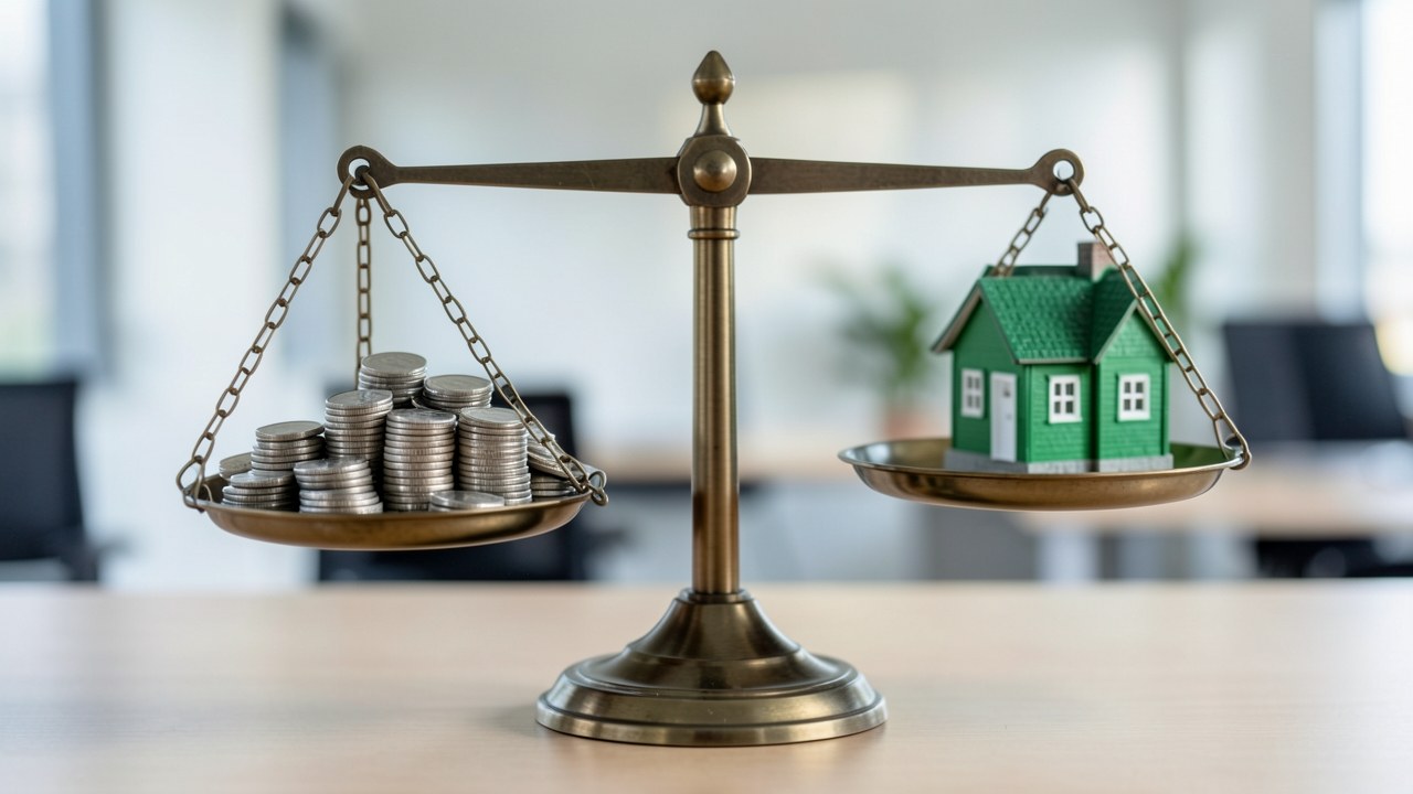 A balance scale with coins on one side and a small house on the other, symbolizing break-even.
