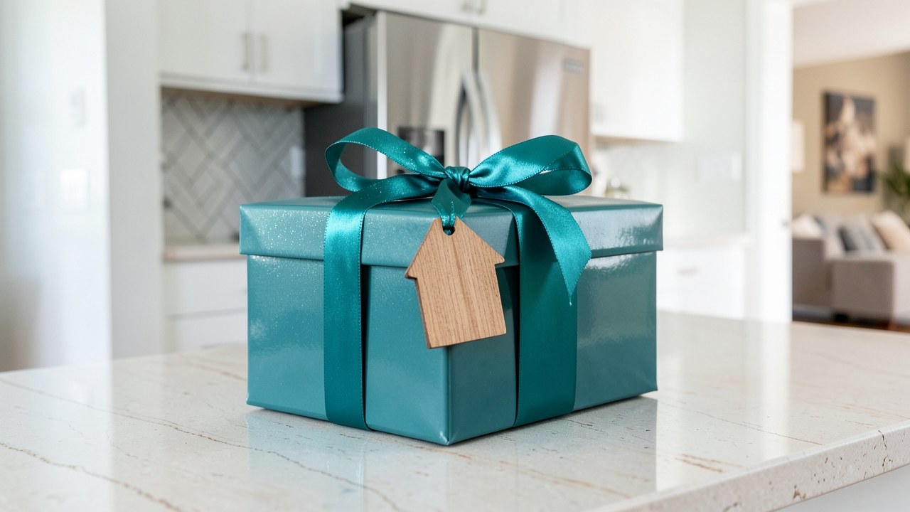 A gift box with a house-shaped tag and a ribbon, on a table with a blurred background of a modern kitchen.